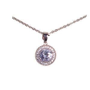 Light Blue Halo Pendant Necklace Rose Gold Tone Delicate Elegant Sparkle